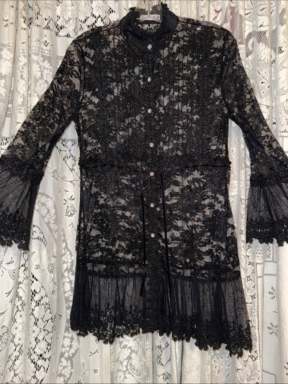 Black Lace Midi Dress with rhinestone  Buttons